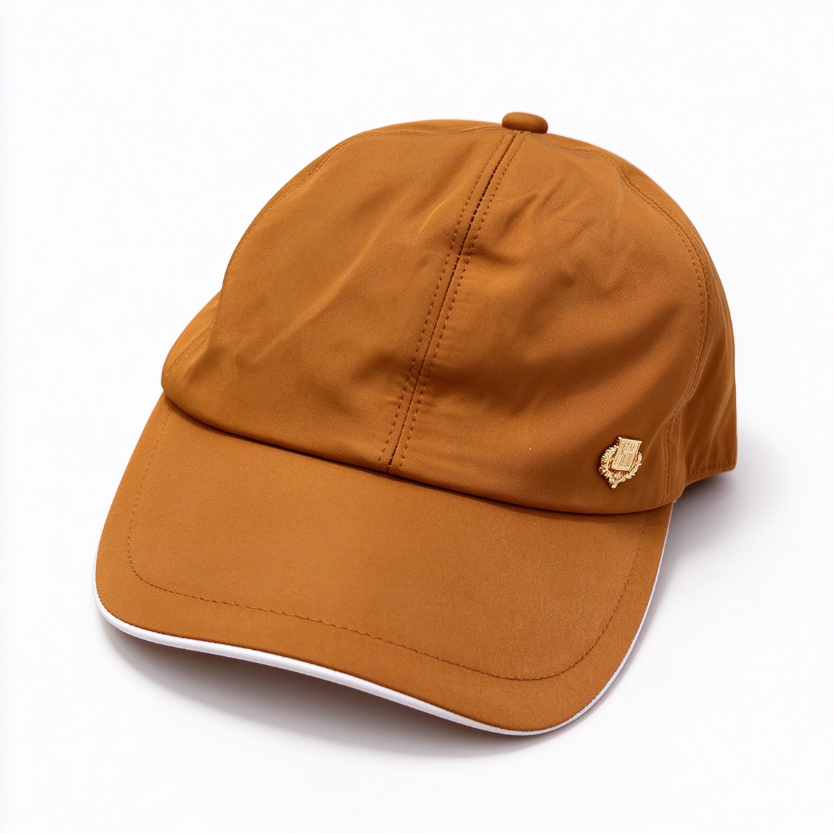 Loro Piana Storm System  Baseball Cap | Caramel Amber Waterproof Wind Microfiber Hat with White Trim & Gold Crest Badge