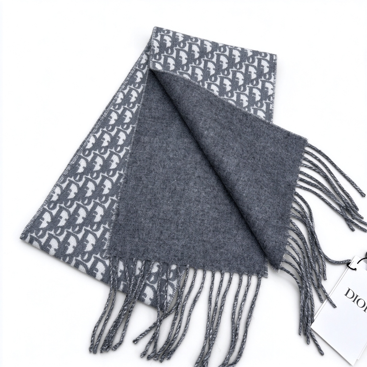 Dior Oblique Jacquard Scarf | Charcoal Grey & Light Grey Wool Wrap | Reversible Fringed Luxury Stole