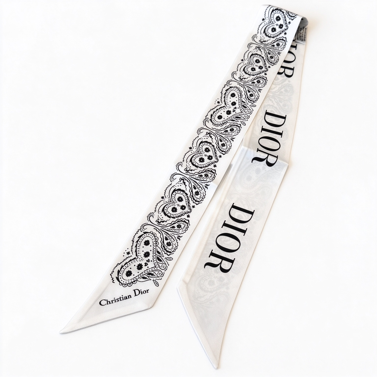 Dior Style Mitzah Skinny Silk Scarf – White & Black Paisley Bandeau, Luxury French Designer  Silk Hair Band & Waist Belt Scarf, Multi-Way Neck Wrap for Women