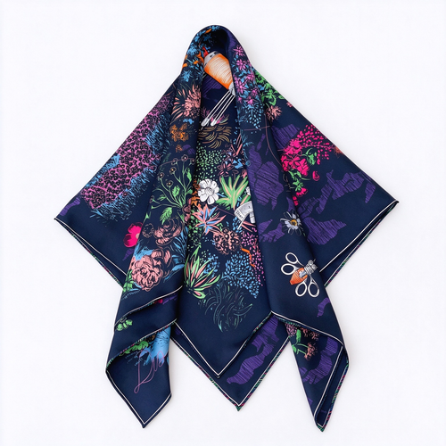 Christian Dior Atelier Silk Scarf by Jonathan Anderson – Navy Multicolor Couture Tools & Botanical Print | Luxury Designer Accessory