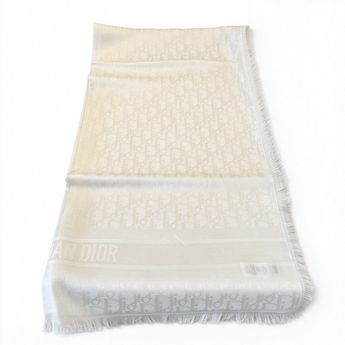 Christian Dior Oblique Silk Wool Blend Shawl – Ivory & Ecru Monogram Fringed Wrap  | Luxury Designer Scarf