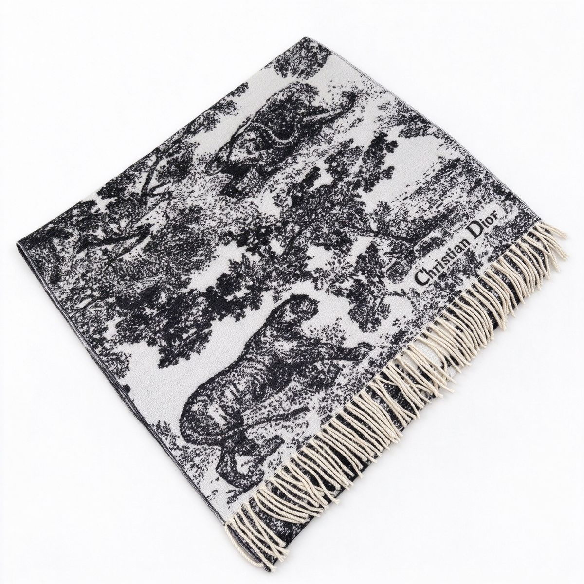 Dior Toile de Jouy Scarf | Black & White Wool Silk Cotton Wrap | Large Square Fringed Stole
