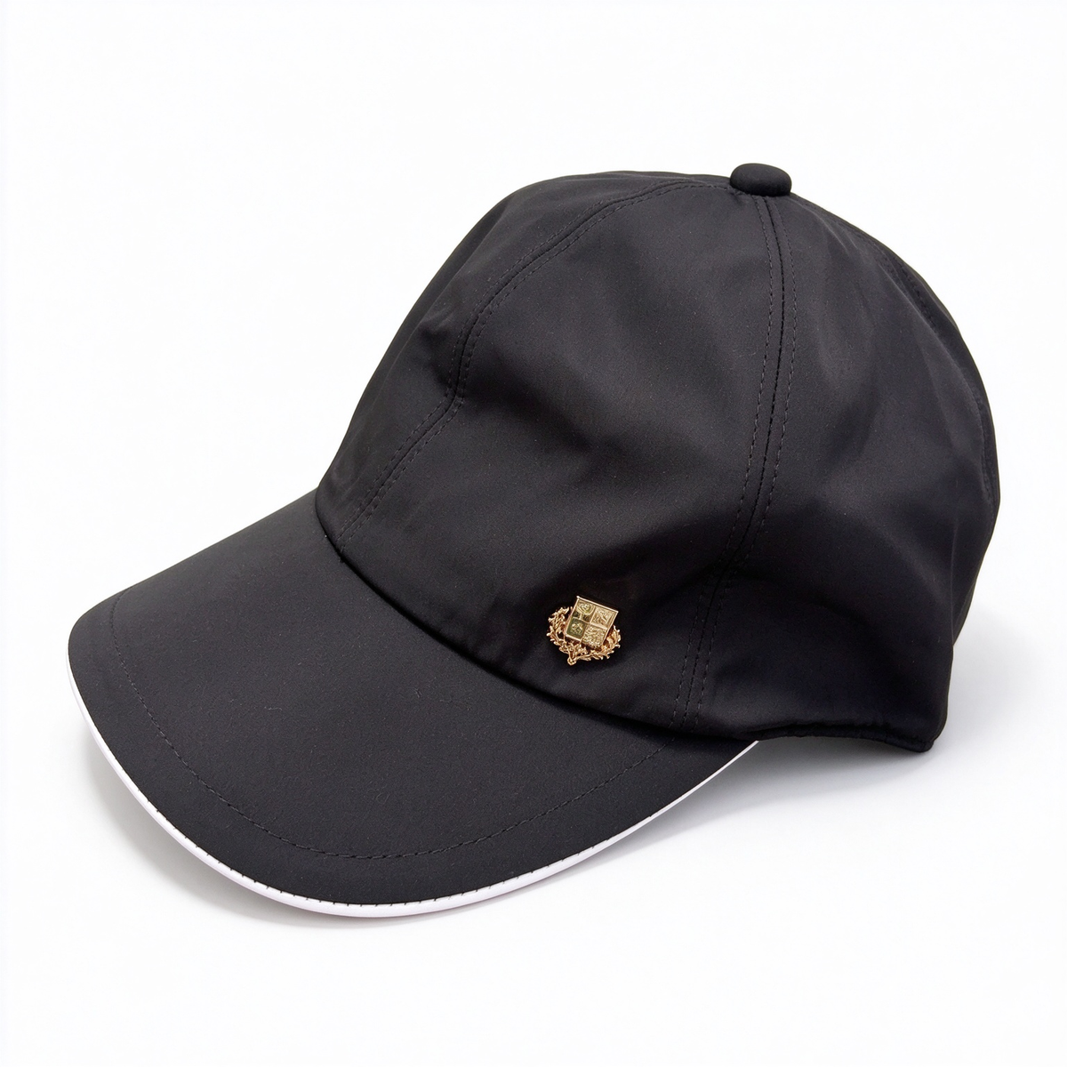 Loro Piana Storm System  Baseball Cap | Black Waterproof Wind Microfiber Hat with White Trim & Gold Crest Badge