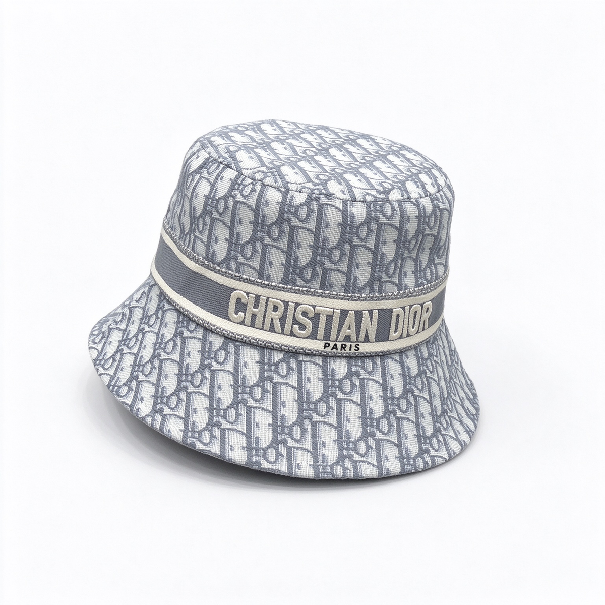 Dior Style Oblique Jacquard Bucket Hat – Grey & Silver All-Over Monogram Fisherman Hat with Christian Dior Paris Band, Luxury French Designer Cotton Blend Sun Hat for Men & Women