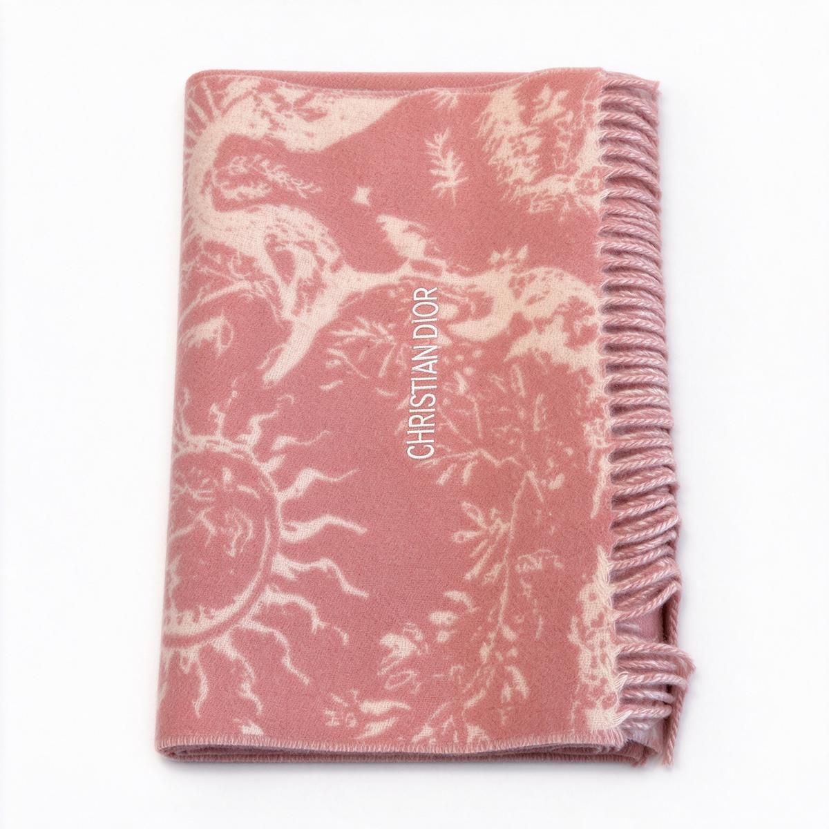 Christian Dior Sauvage Toile de Jouy Scarf – Rose Pink & Cream Cashmere Wool Blend with Fringe & Logo Detail | Luxury Designer Scarf for Women