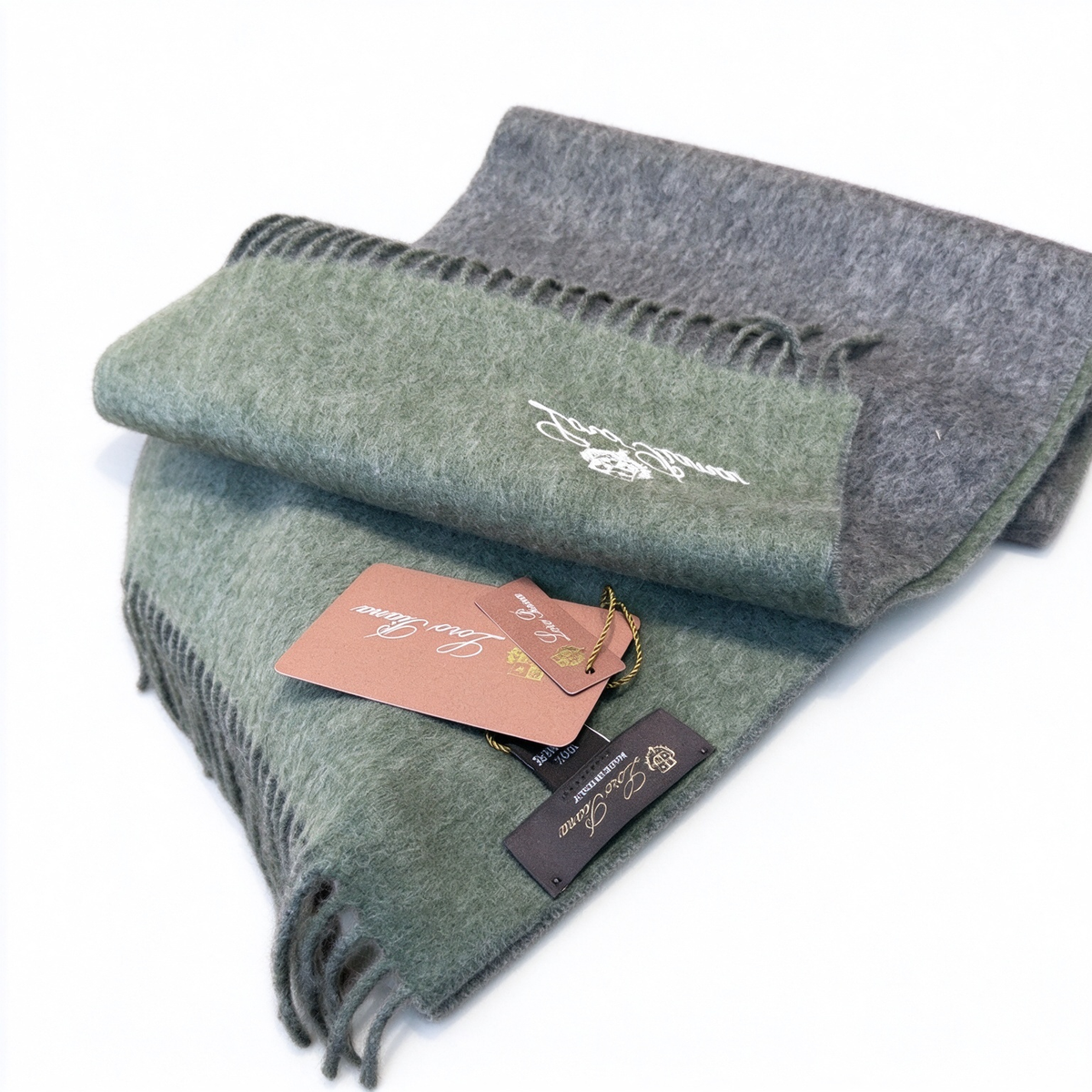 Loro Piana Gifts  Cashmere Scarf | Reversible Luxury Wrap in Steel Grey & Forest Green | Embroidered Crest & Gold Grommet