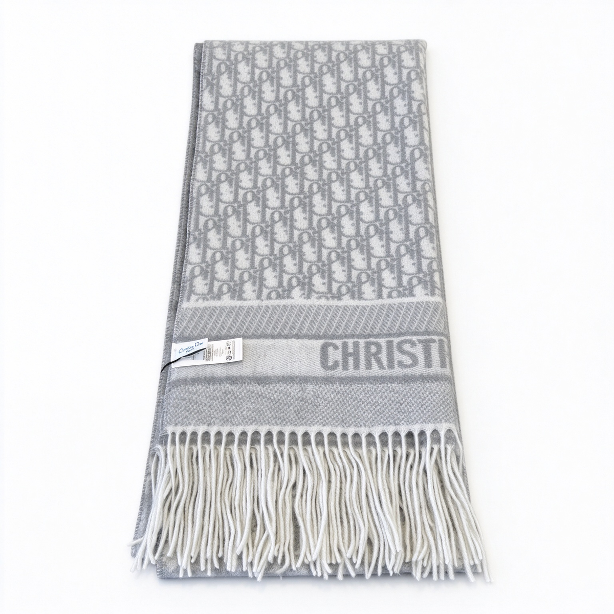 Dior Oblique Jacquard Scarf | Grey & White Wool Wrap | Embroidered Logo Band & Fringed Luxury Stole