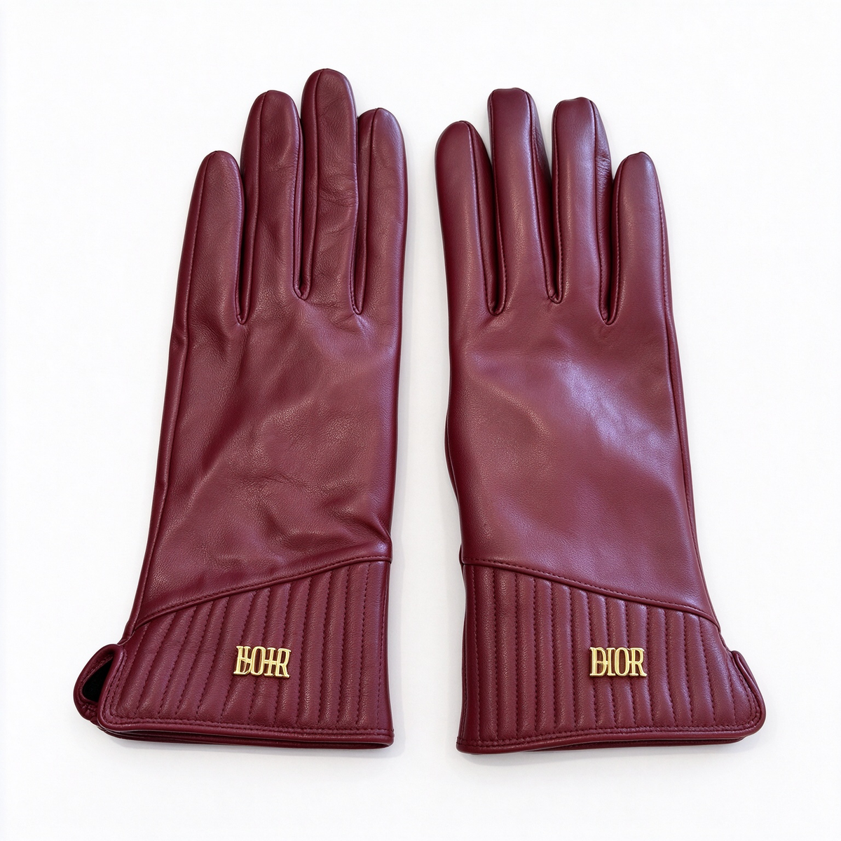 Dior Lambskin Touchscreen Gloves | Burgundy Wine Red Leather with Gold-Tone DIOR Logo & Cashmere Lining