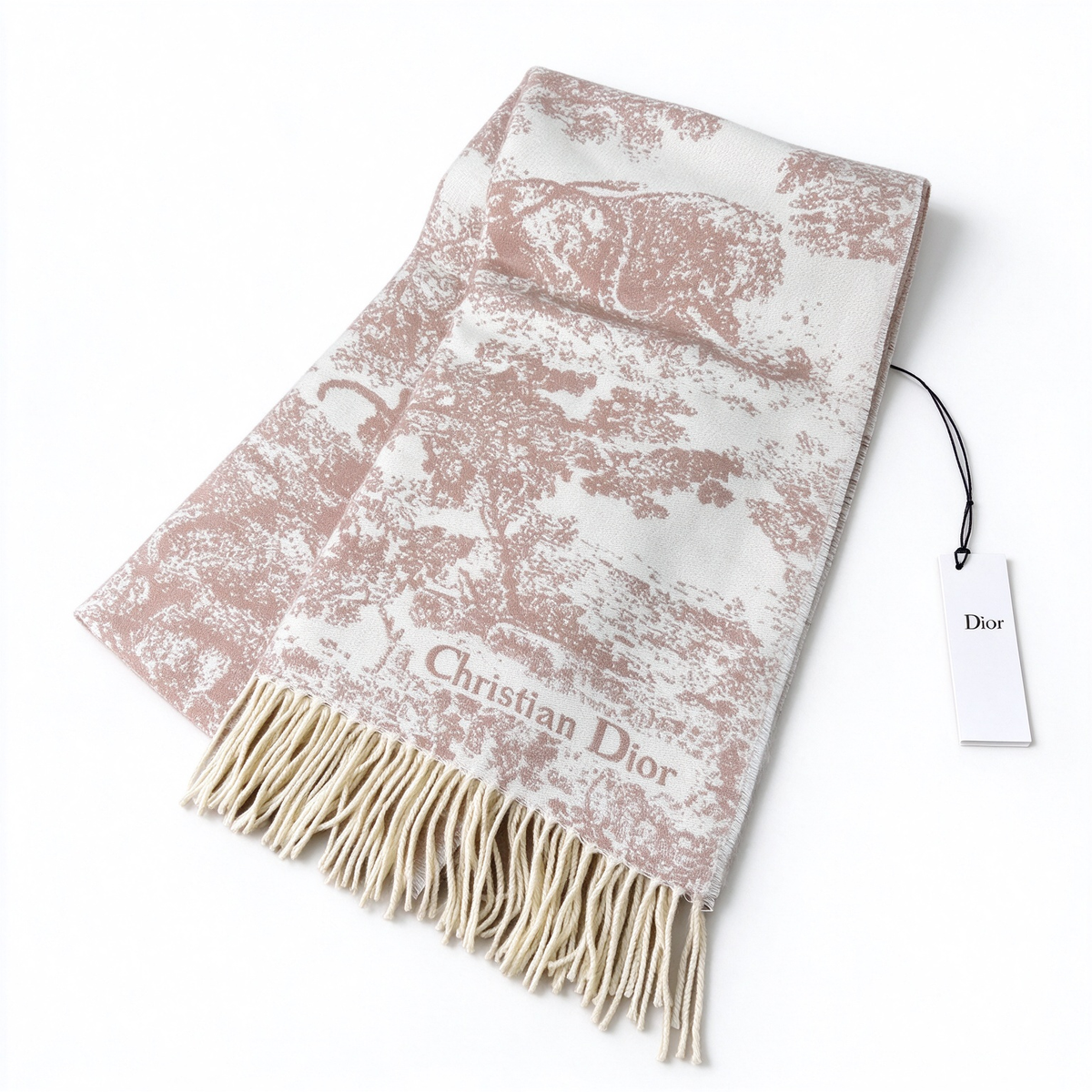 Dior Sauvage Toile de Jouy Scarf | Blush Pink & Ivory Cashmere Wool Wrap | Embroidered Logo & Fringed Shawl