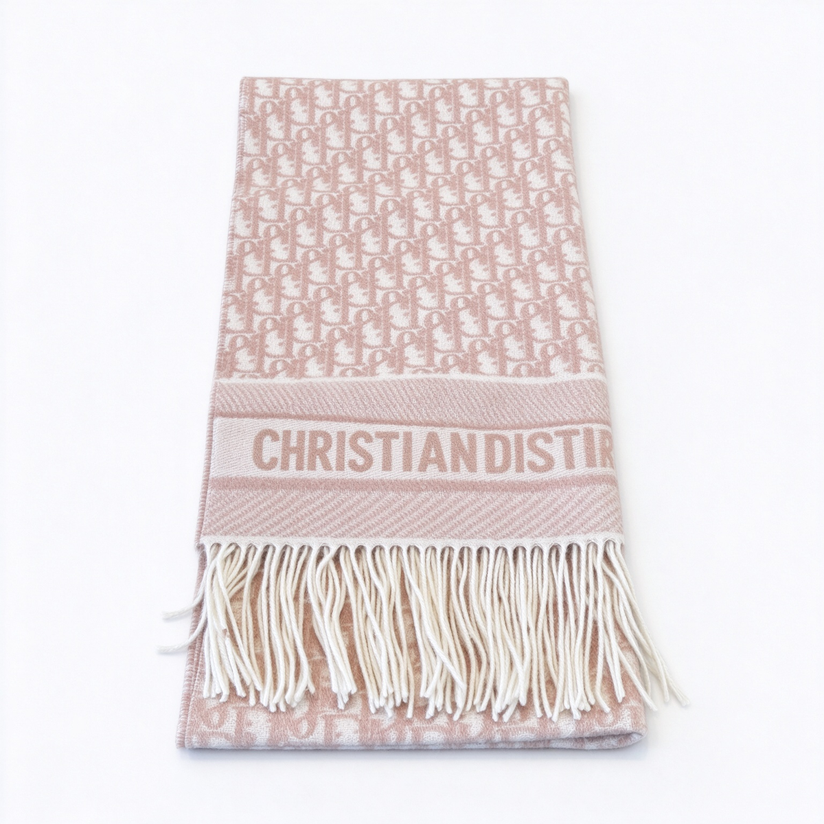 Dior Oblique Jacquard Scarf | Blush Pink & Ivory Wool Wrap | Embroidered Logo Band & Fringed Luxury Stole