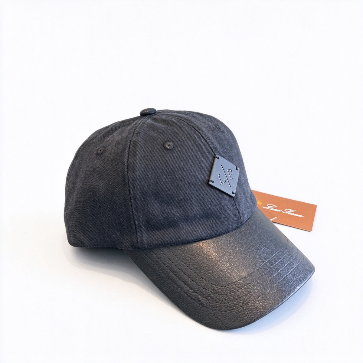 Loro Piana Black Leather Trim Baseball Cap - Charcoal Cotton Twill Dad Hat with Black Calfskin Brim & LP Diamond Patch, Designer Luxury Cap