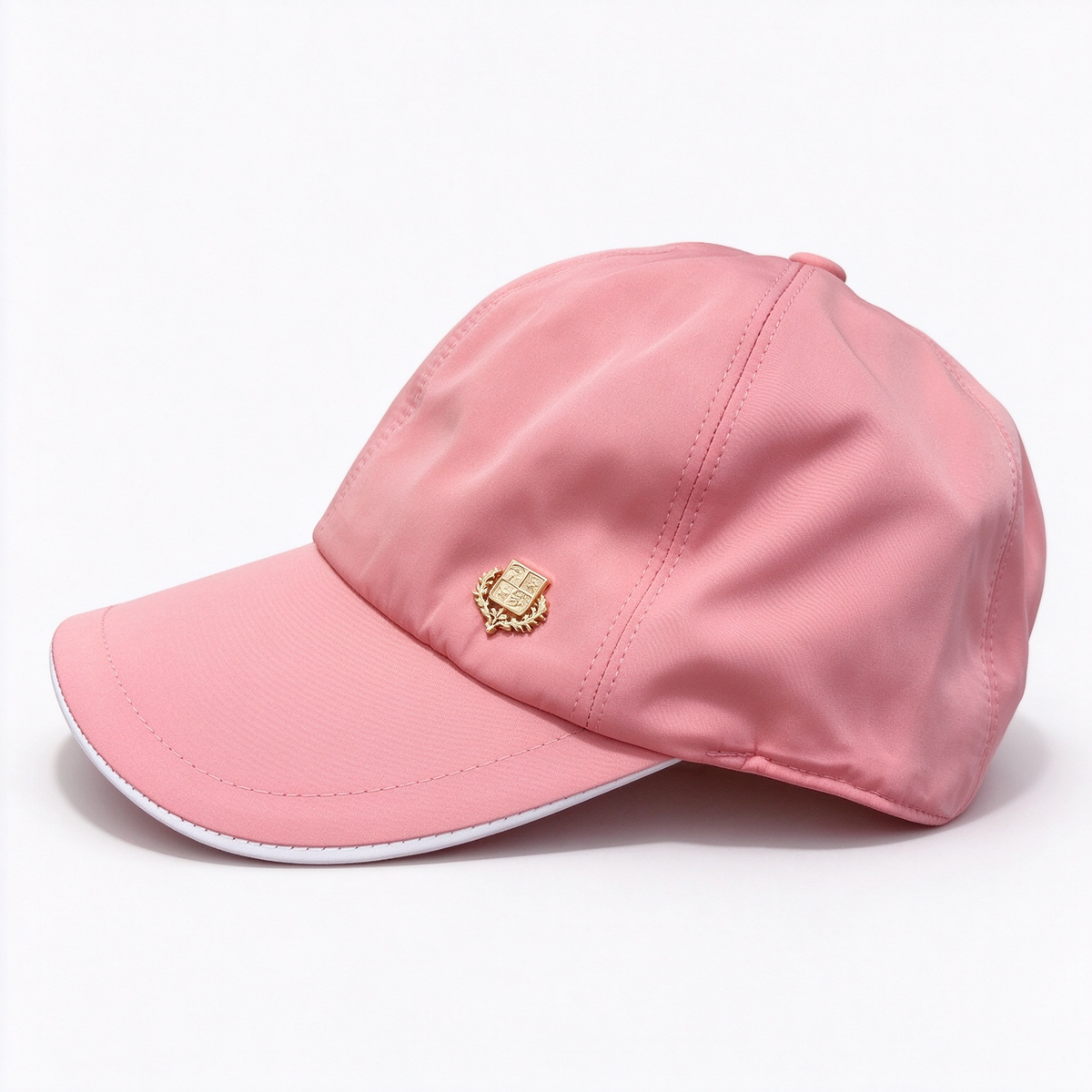 Loro Piana Storm System Baseball Cap | Dusty Rose Pink Waterproof Wind Microfiber Hat with White Trim & Gold Crest Badge