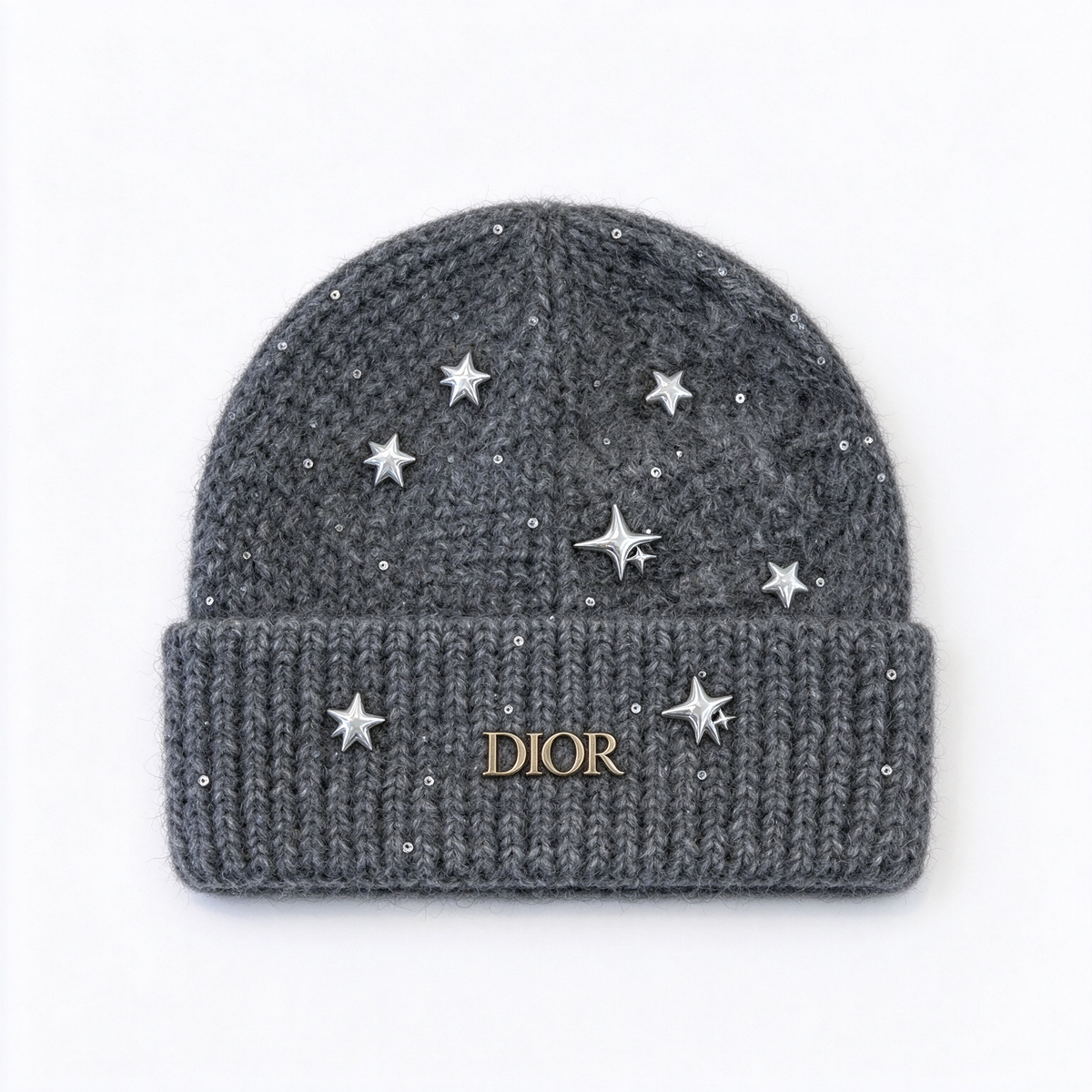 Dior "Starlight" collection sequined knit beanie—crafted from a charcoal-grey wool blend and embellished with metallic stars and a gold-tone Dior logo; a winter knit hat designed for women.