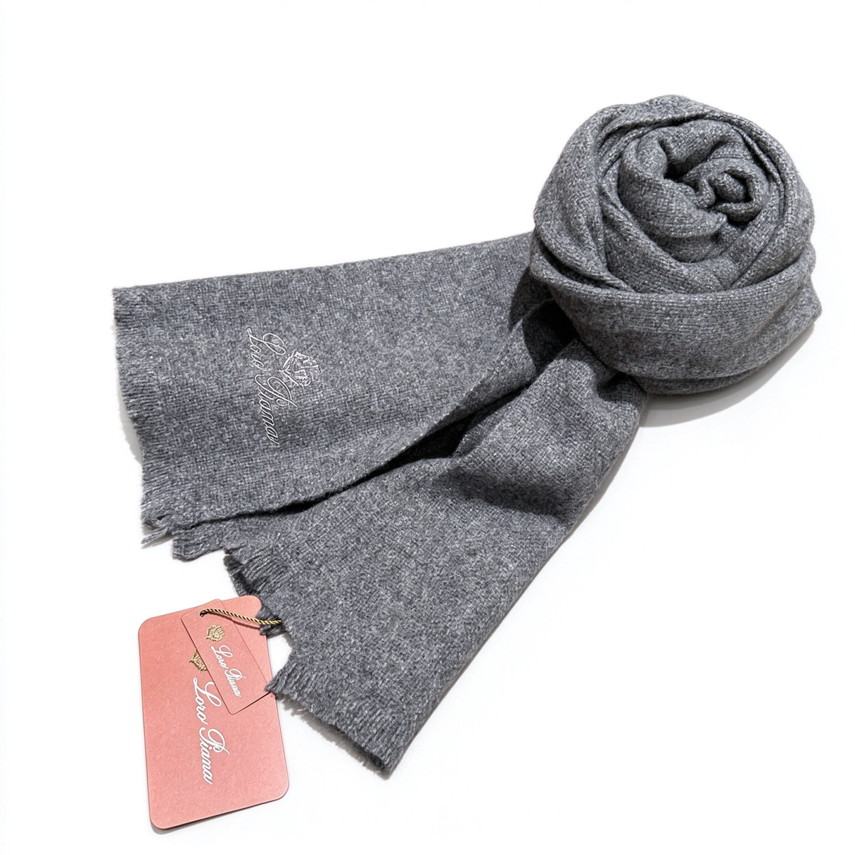 Loro Piana Grande Unita  Cashmere Oversized Scarf | Luxury Frisson Cashmere Wrap Stole in Middle Grey | Iconic Brand Crest Embroidery