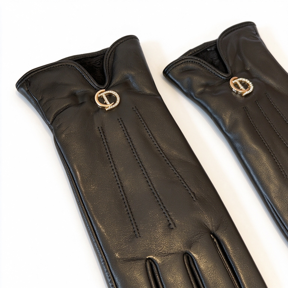 Dior CD Icon Long Leather Gloves | Black Smooth Lambskin with Silver-Tone CD Buckle