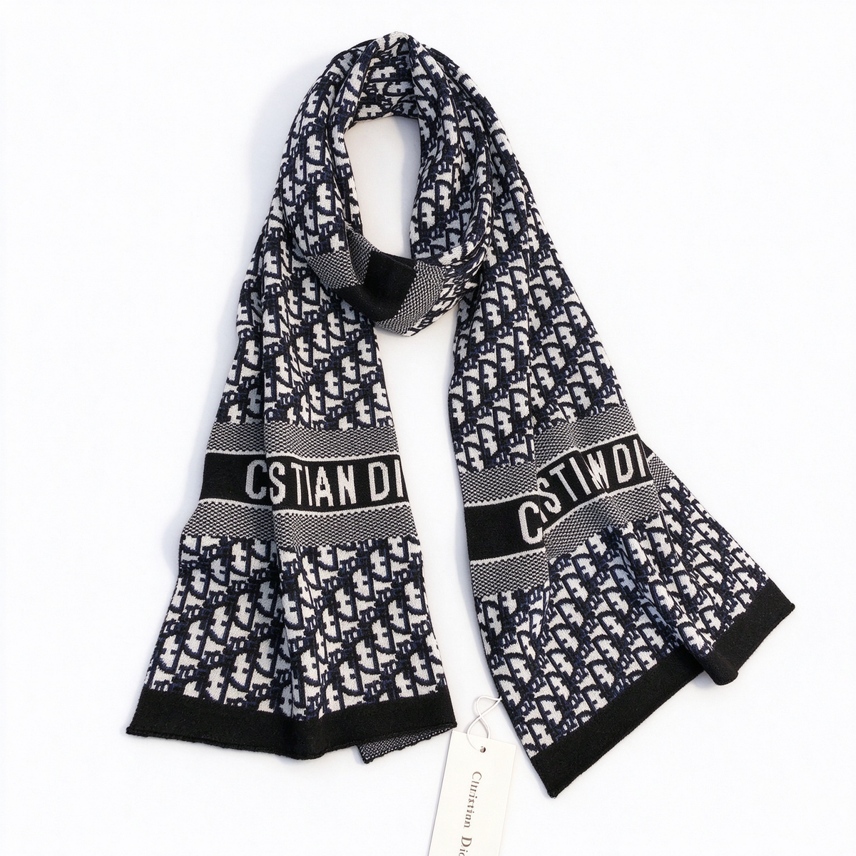 Dior Oblique Jacquard Scarf | Navy Blue & Black Knit Wrap | Reversible Logo Band & Stripe Border Stole