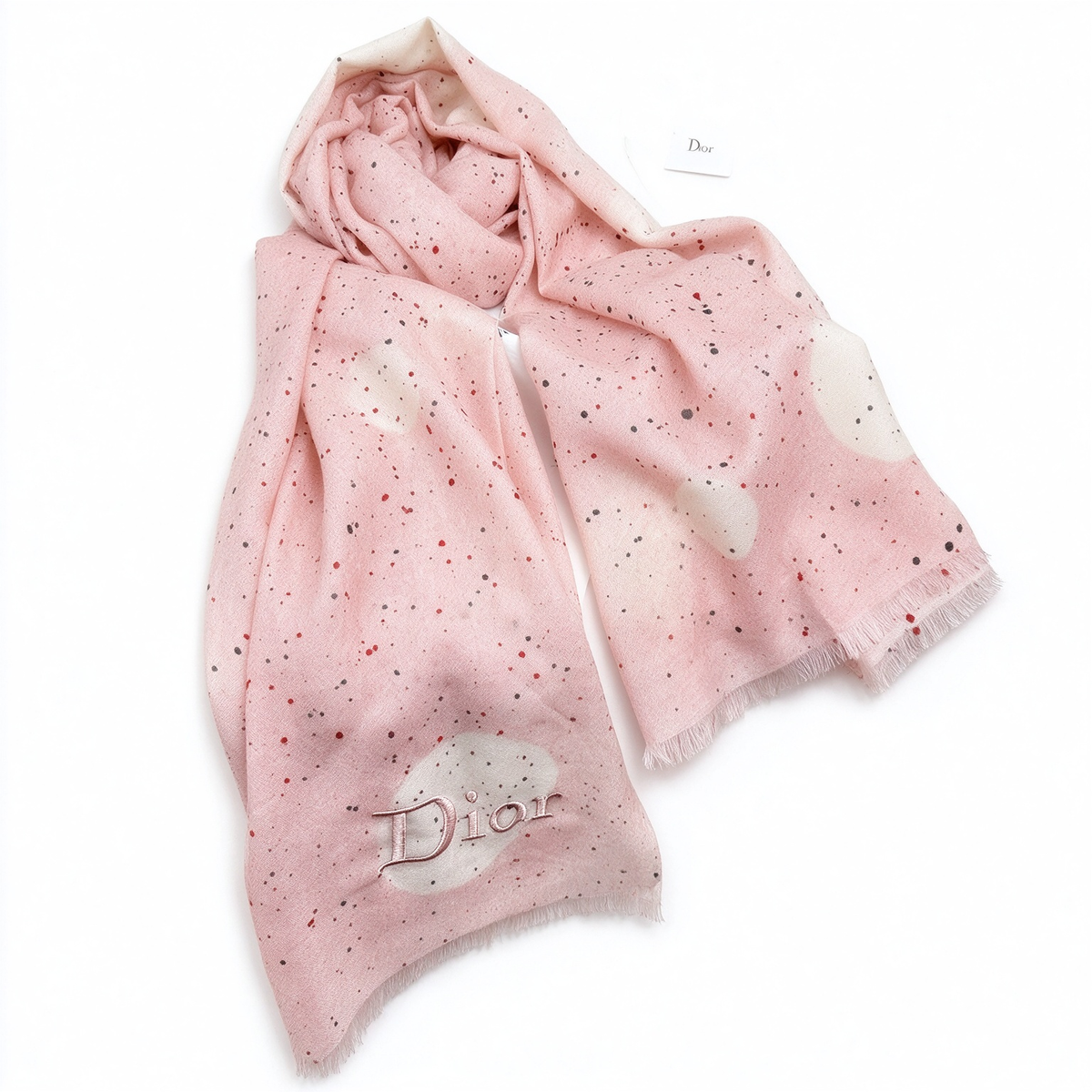 Dior Pink Constellation Scarf | Embroidered Logo Splatter Paint & Planet Wrap | Luxury Cashmere Wool Fringed Stole