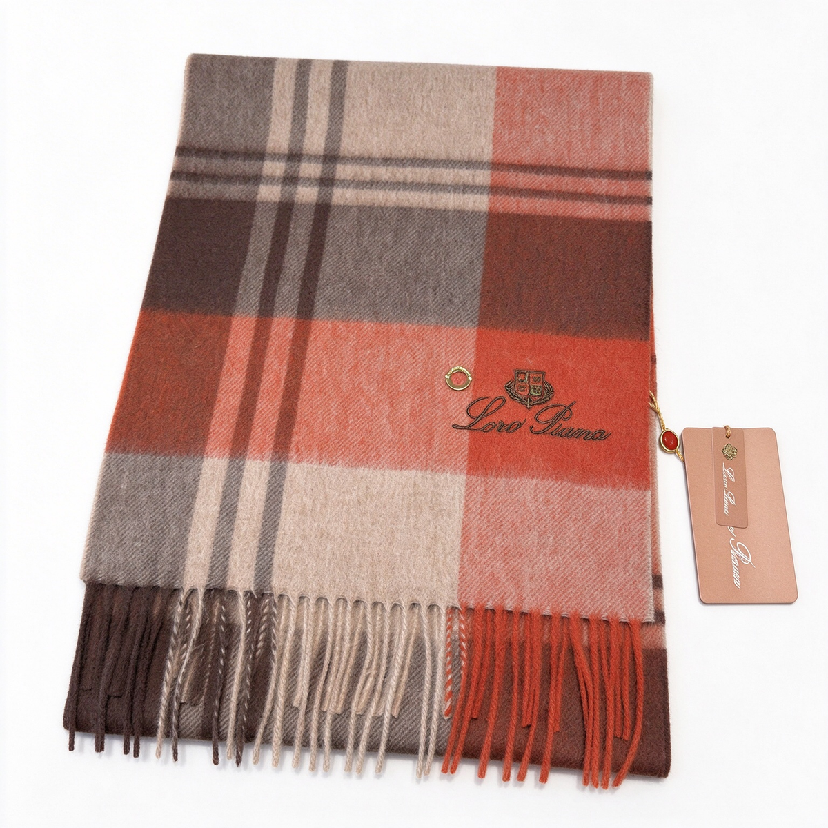 Loro Piana  Cashmere Large Check Scarf Shawl Rust Terracotta Grey | Luxury Plaid Oversized Wrap Women's & Men's Fine Accessories