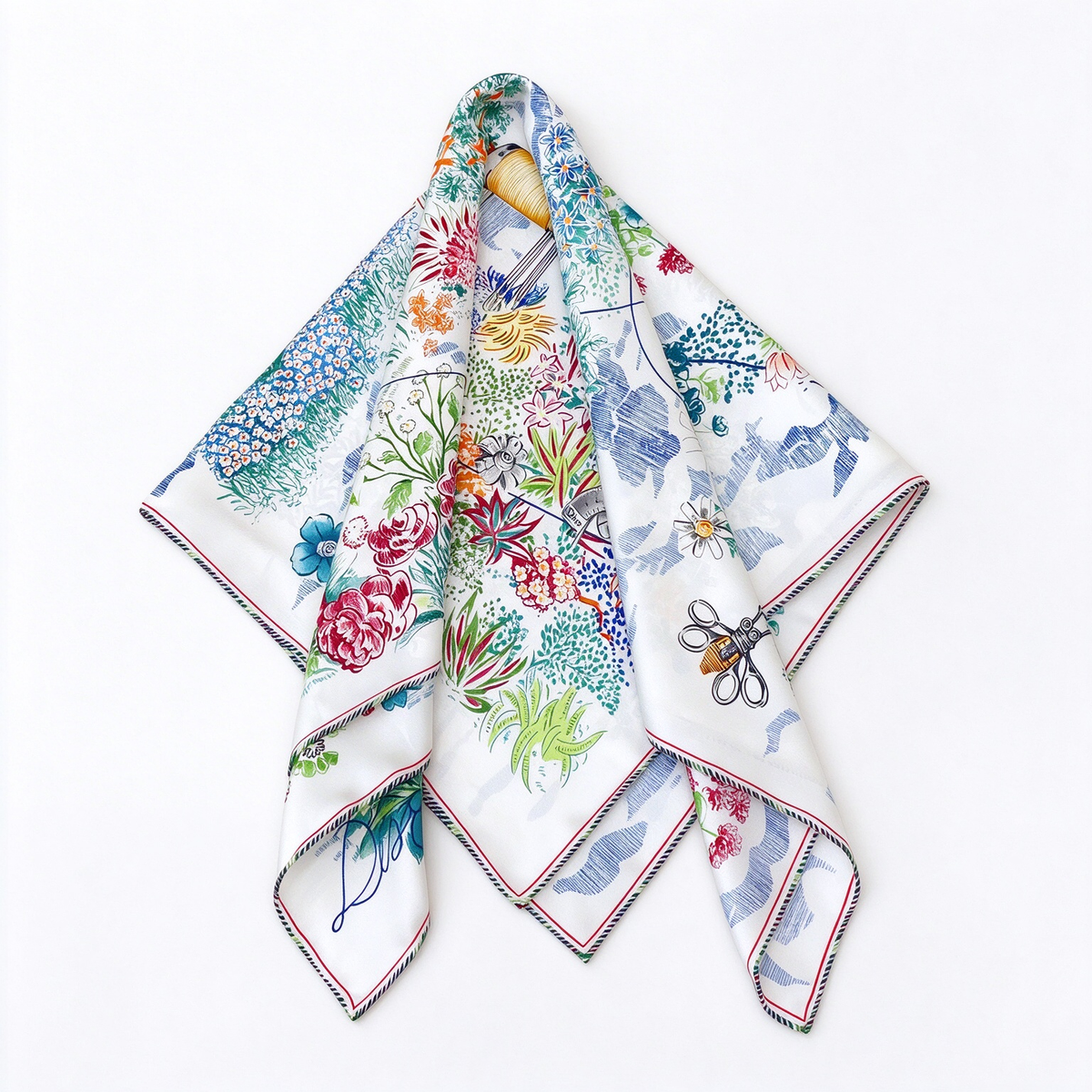 Jonathan Anderson Designs Dior Atelier Silk Square Scarf — Featuring Colorful "Haute Couture Tools" and "Botanical Garden" Prints | Luxury Designer Accessories