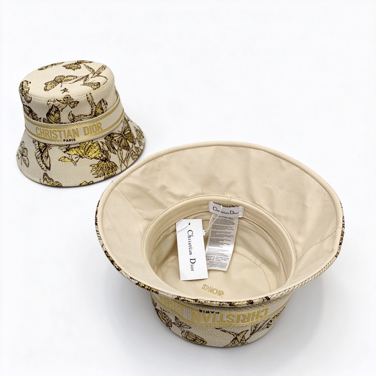Dior Style Toile Butterfly Jacquard Bucket Hat – Beige & Gold All-Over Print Fisherman Hat with Christian Dior Paris Band, Luxury French Designer Sun Hat for Women,