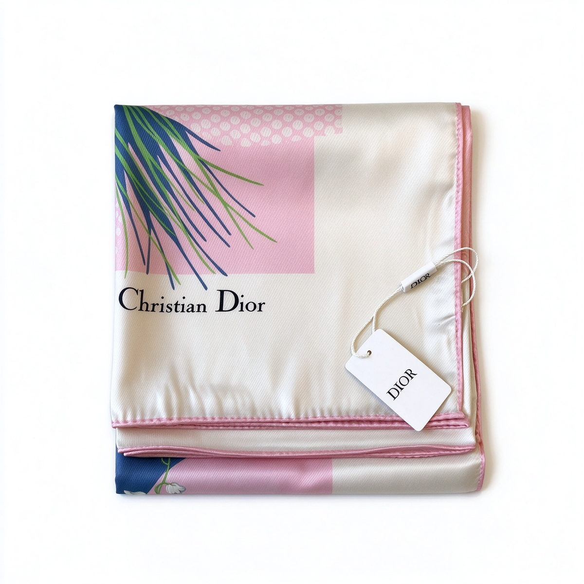 Christian Dior Muguet (Lily of the Valley) Silk Square Scarf – Pink and Navy Lily of the Valley Print | A Designer Accessory Symbolizing Good Luck