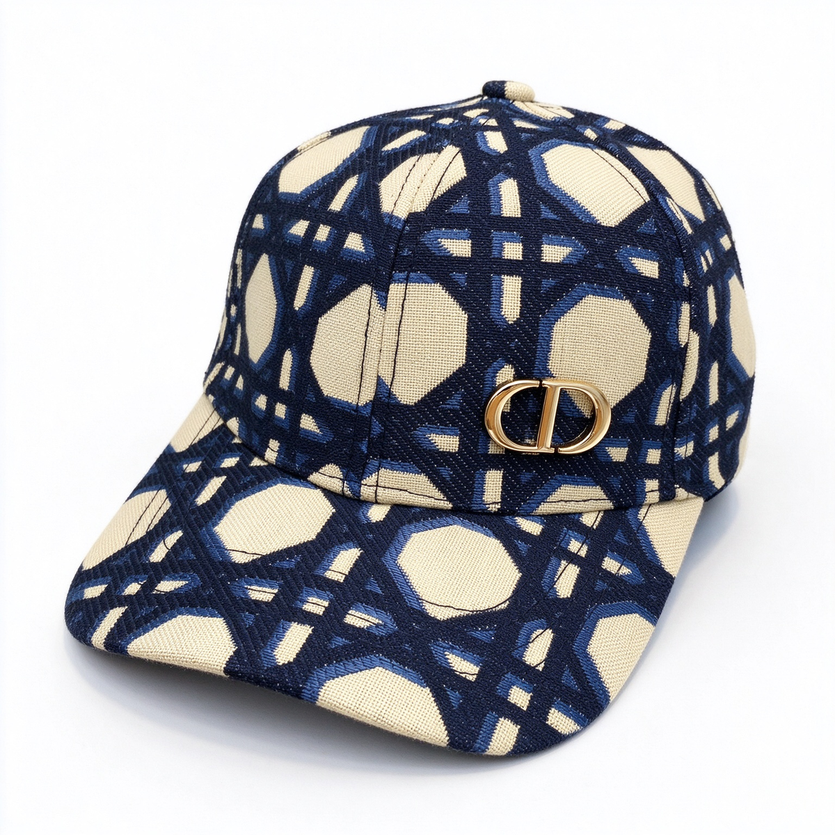 Dior Style Geometric Jacquard Baseball Cap – Navy Blue & Ecru All-Over Print Trucker Hat with Gold CD Logo, Luxury French Designer Cotton Sports Cap for Men & Women