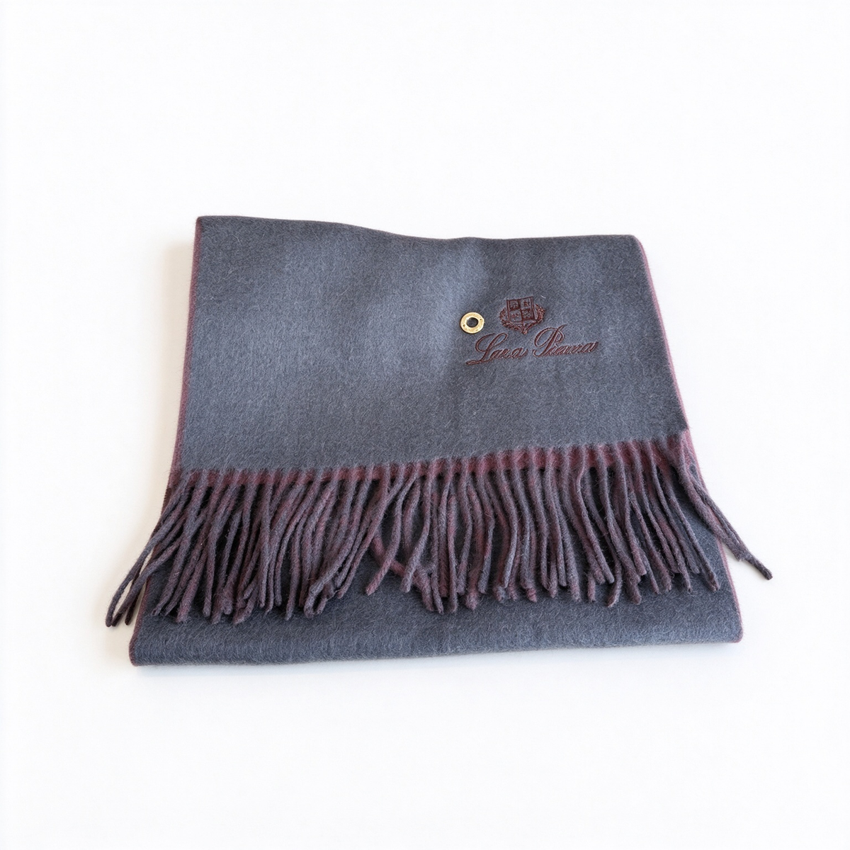 Loro Piana ReversibleCashmere Scarf | Luxury Winter Wrap in Charcoal Grey & Plum Burgundy | Embroidered Crest & Gold Grommet