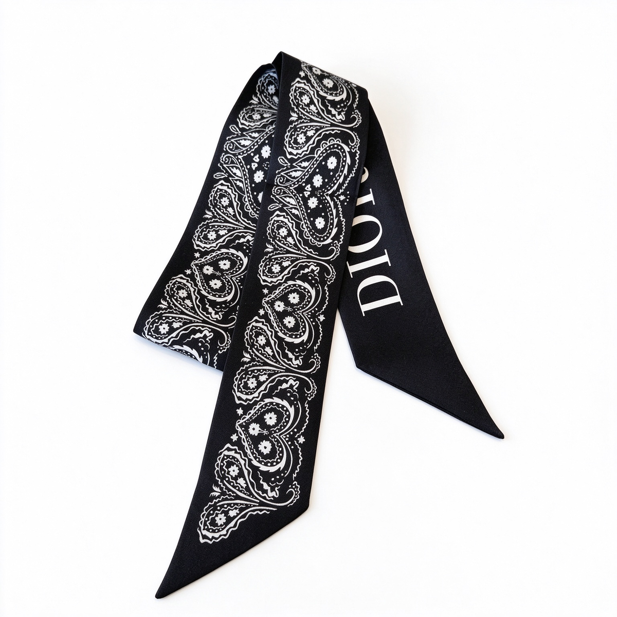 Dior-style slim silk scarf—black paisley pattern, a designer-style women’s silk scarf with a touch of French luxury