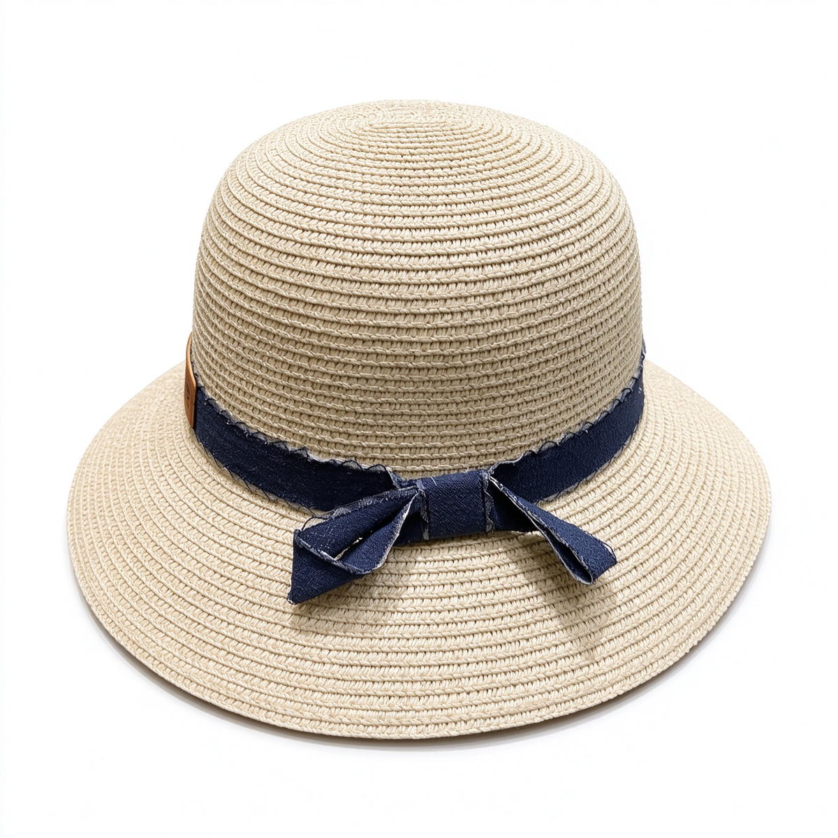 Dior Style Straw Cloche Sun Hat – Natural Beige Woven Hat with Denim Ribbon Band & Leather Christian Dior Logo Patch, Luxury French Designer Summer Resort Hat for Women