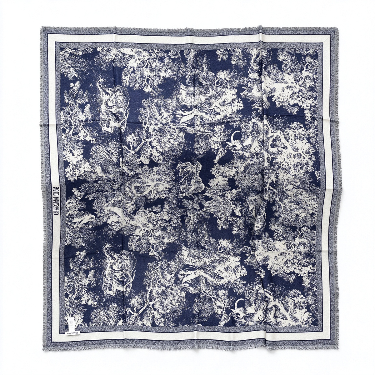 Christian Dior Toile de Jouy Jungle Wool Silk Scarf in Ivory & Navy — Large Fringed Blanket Wrap Shawl |  Luxury Designer Fashion Accessory