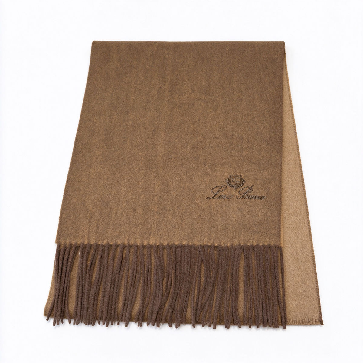 Loro Piana Cashmere Unita Scarf (Cognac Brown) | Embroidered Logo & Tassel Luxury Wrap — A Sophisticated Accessory for Men and Women
