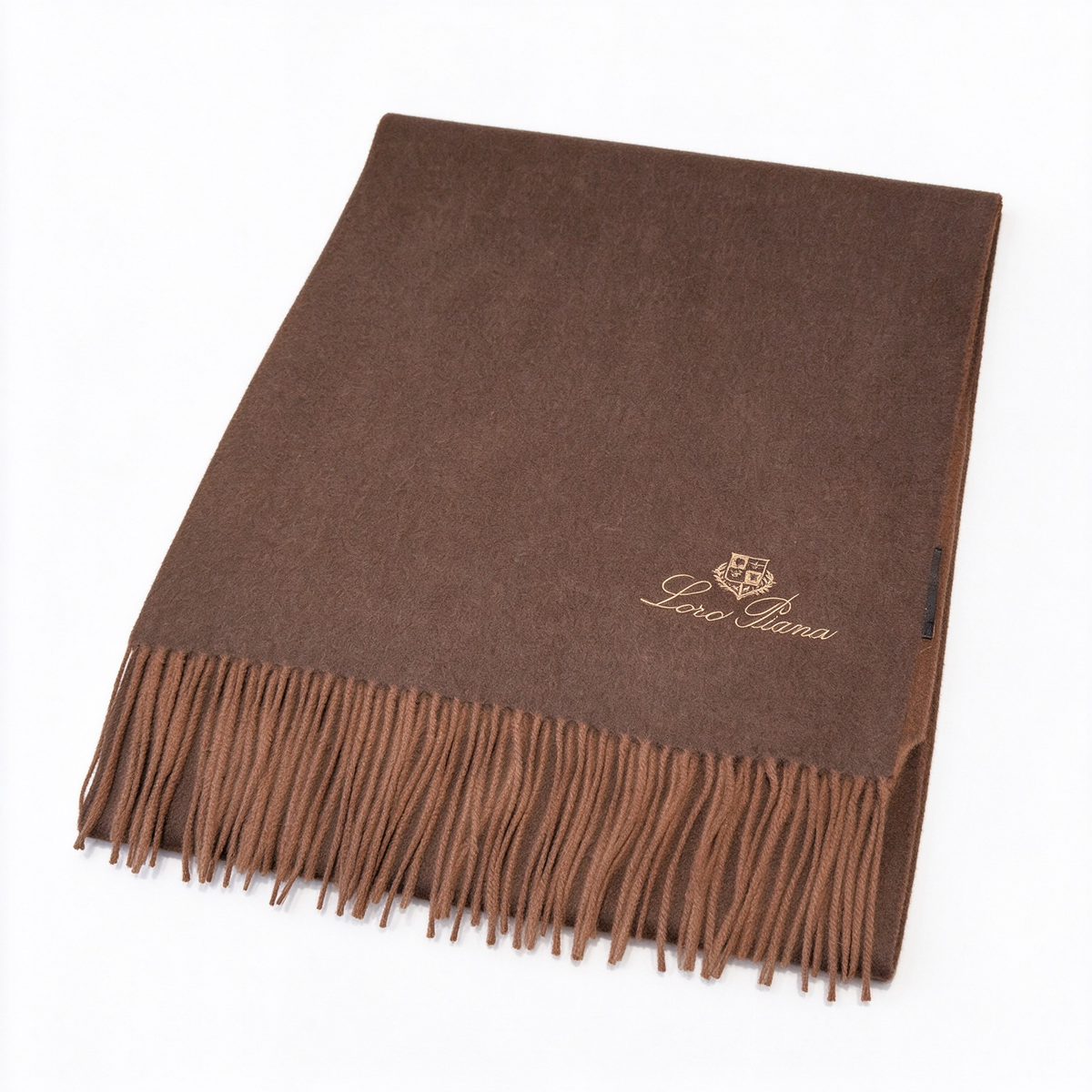 Loro Piana Cashmere Grande Unita Scarf Dark Chocolate Brown | Gold Embroidered Crest Fringed Luxury Wrap Women's & Men's