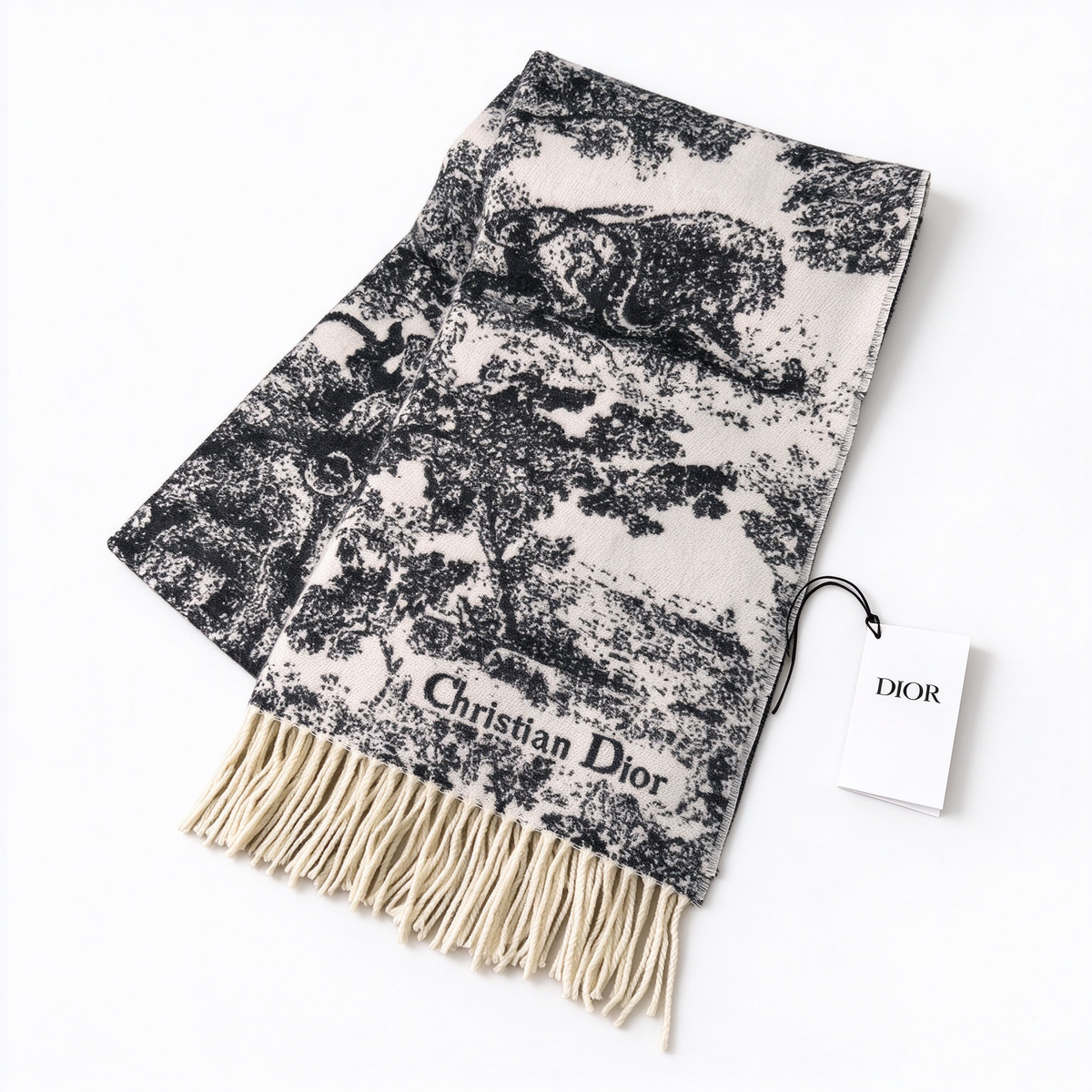 Christian Dior Toile de Jouy Sauvage Scarf in Black & White — Reversible Cashmere Wool Blend Fringed Shawl | Luxury Designer Fashion Accessory