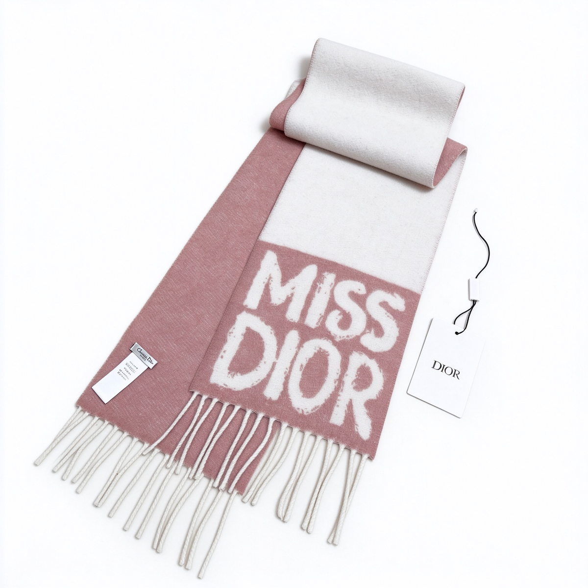 Dior Miss Dior Scarf | Blush Pink & White Wool Cashmere Wrap | Oversized Logo Fringed Luxury Winter Stole