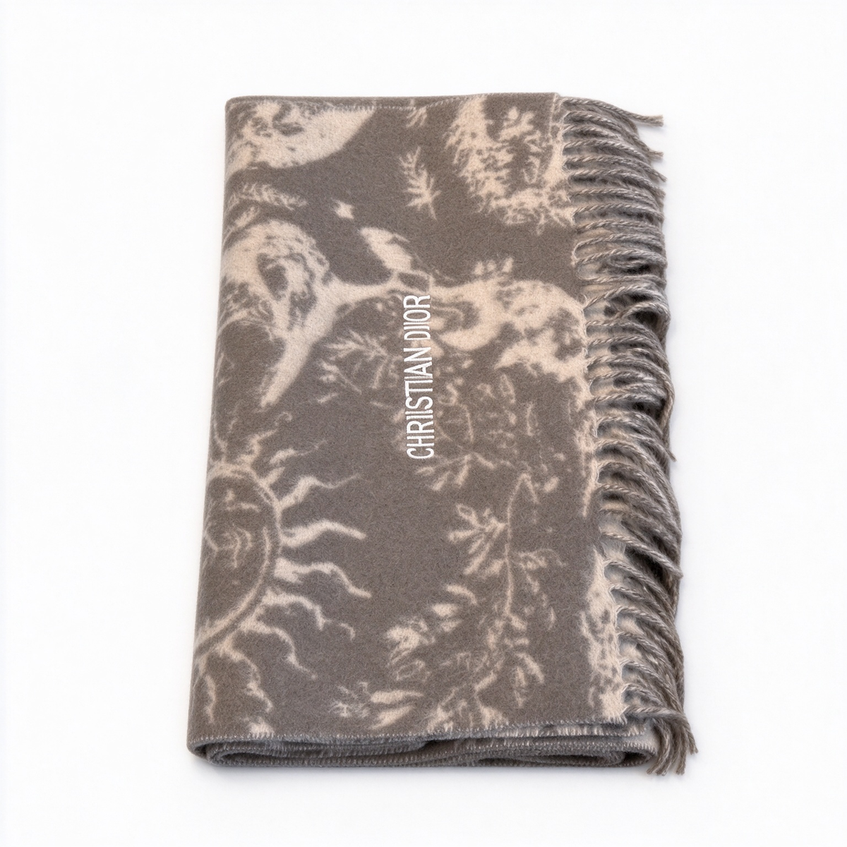 Christian Dior Sauvage Toile de Jouy Scarf – Deep Grey & Beige Cashmere Wool Blend with Fringe & Logo Detail | Luxury Designer Scarf for Women