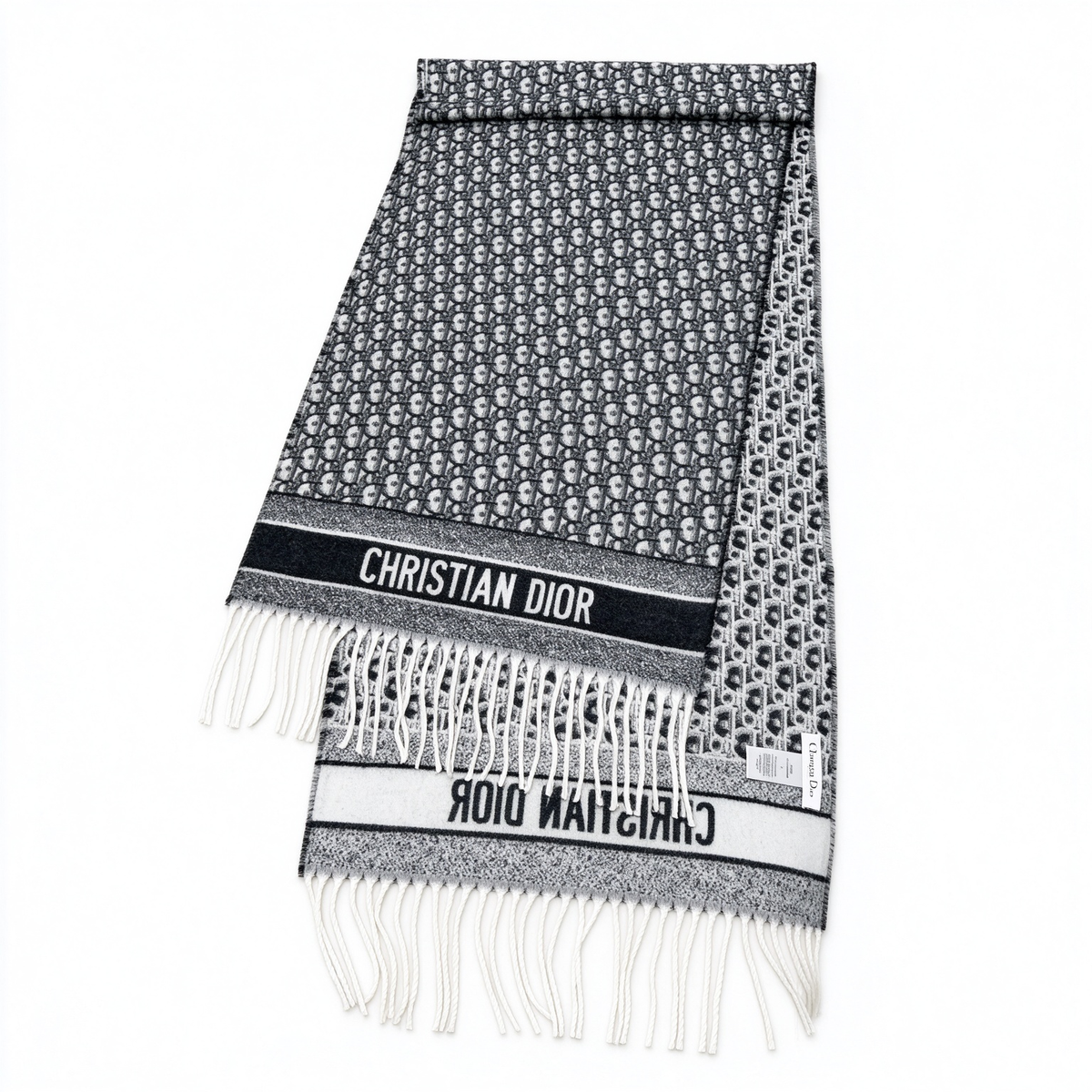 Dior Oblique Scarf in Black & White — Reversible Wool Silk Blend Logo Print Long Shawl with Fringe | Luxury Designer Fashion Accessory