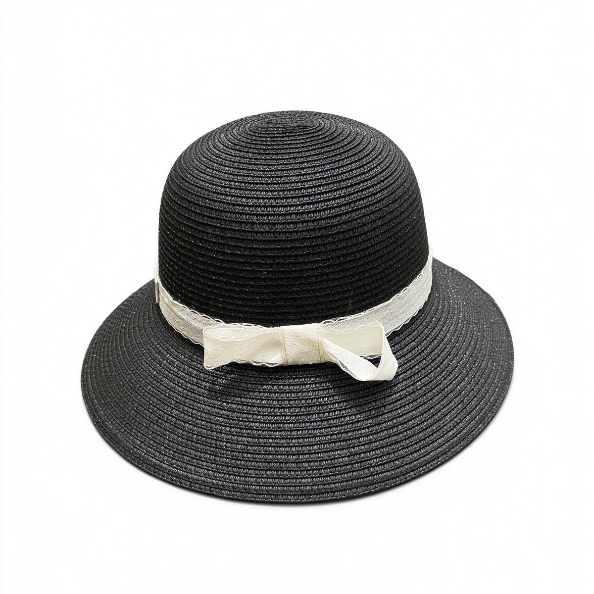 Dior Style Straw Sun Hat – Black Woven Wide Brim Beach Hat with Ivory Ribbon & Christian Dior Logo Plaque, Luxury French Designer Summer Resort Hat for Women