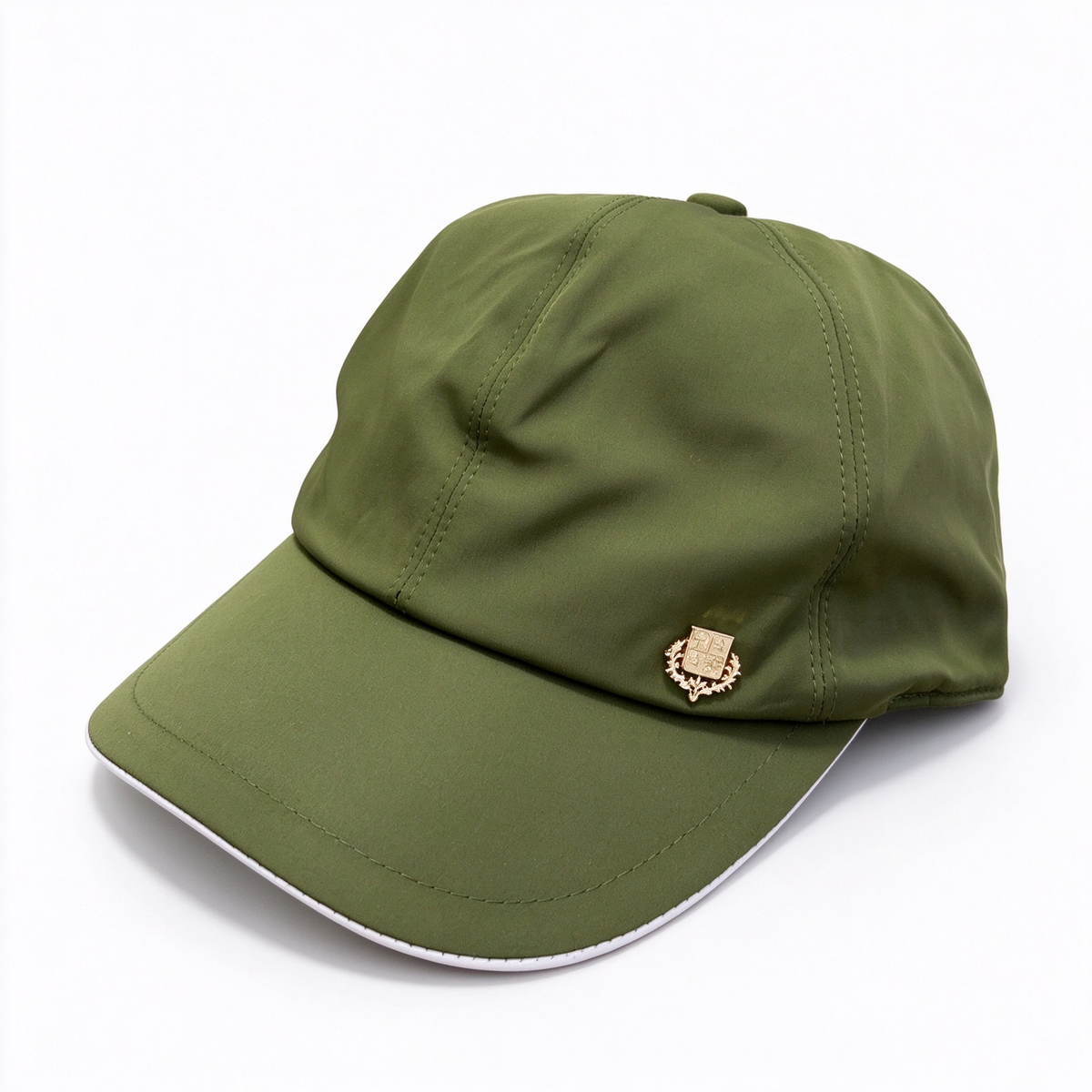 Loro Piana Storm System  Baseball Cap | Olive Green Waterproof Wind Microfiber Hat with White Trim & Gold Crest Badge