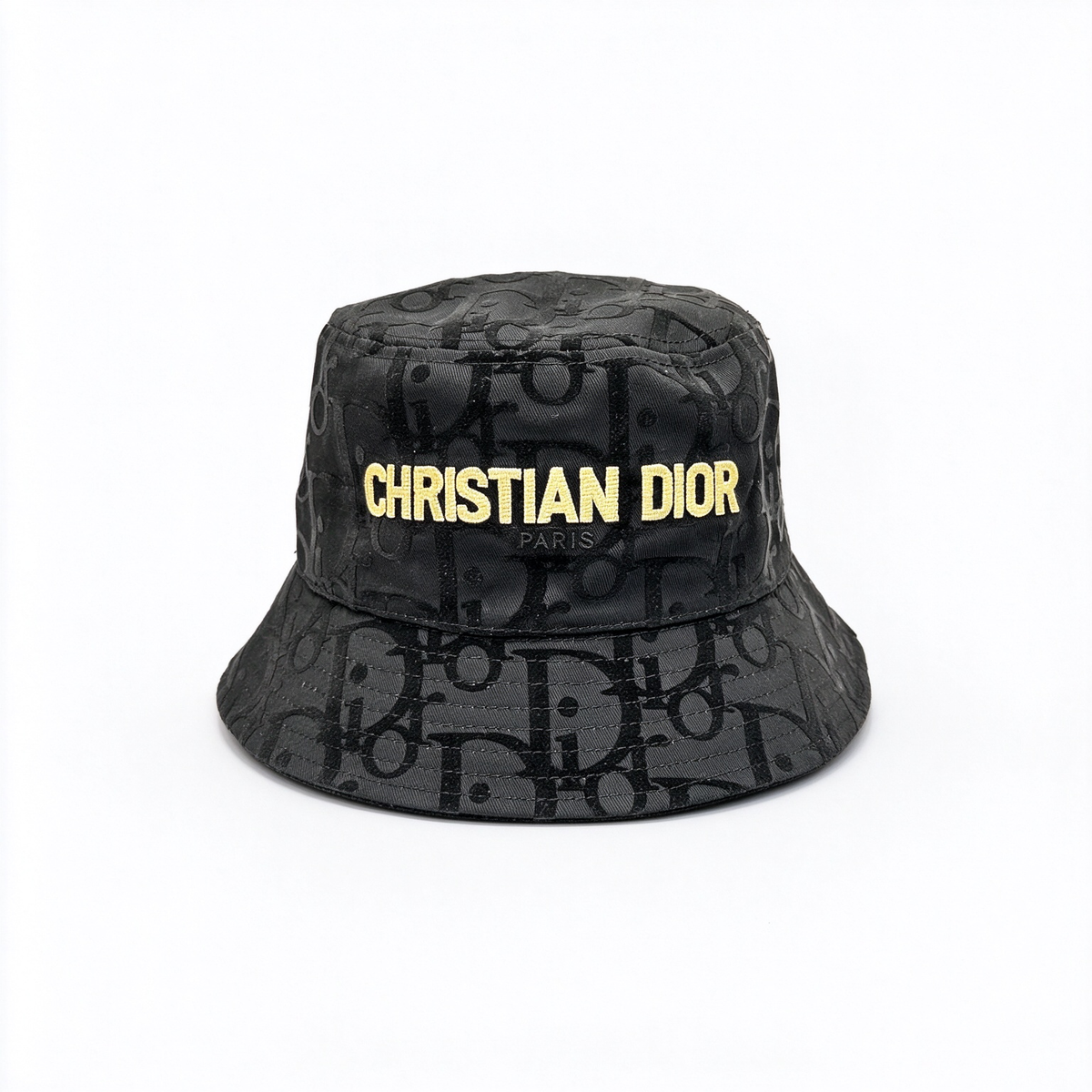 Dior Style Black Oblique Jacquard Bucket Hat – All-Over Monogram Fisherman Hat with Embroidered Christian Dior Paris Logo in Gold, Luxury French Designer Streetwear Sun Hat for Men & Women