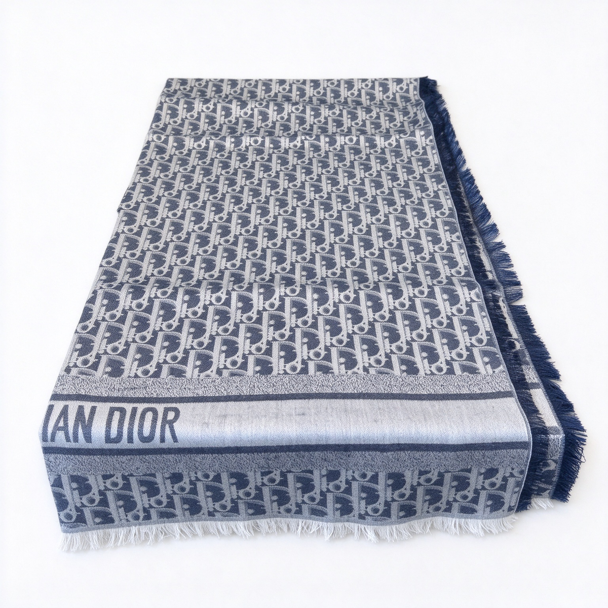 Christian Dior Oblique Jacquard Scarf – Navy & Light Blue Monogram Wool Cashmere Blend Reversible Fringed Scarf | Luxury Designer Unisex Accessory