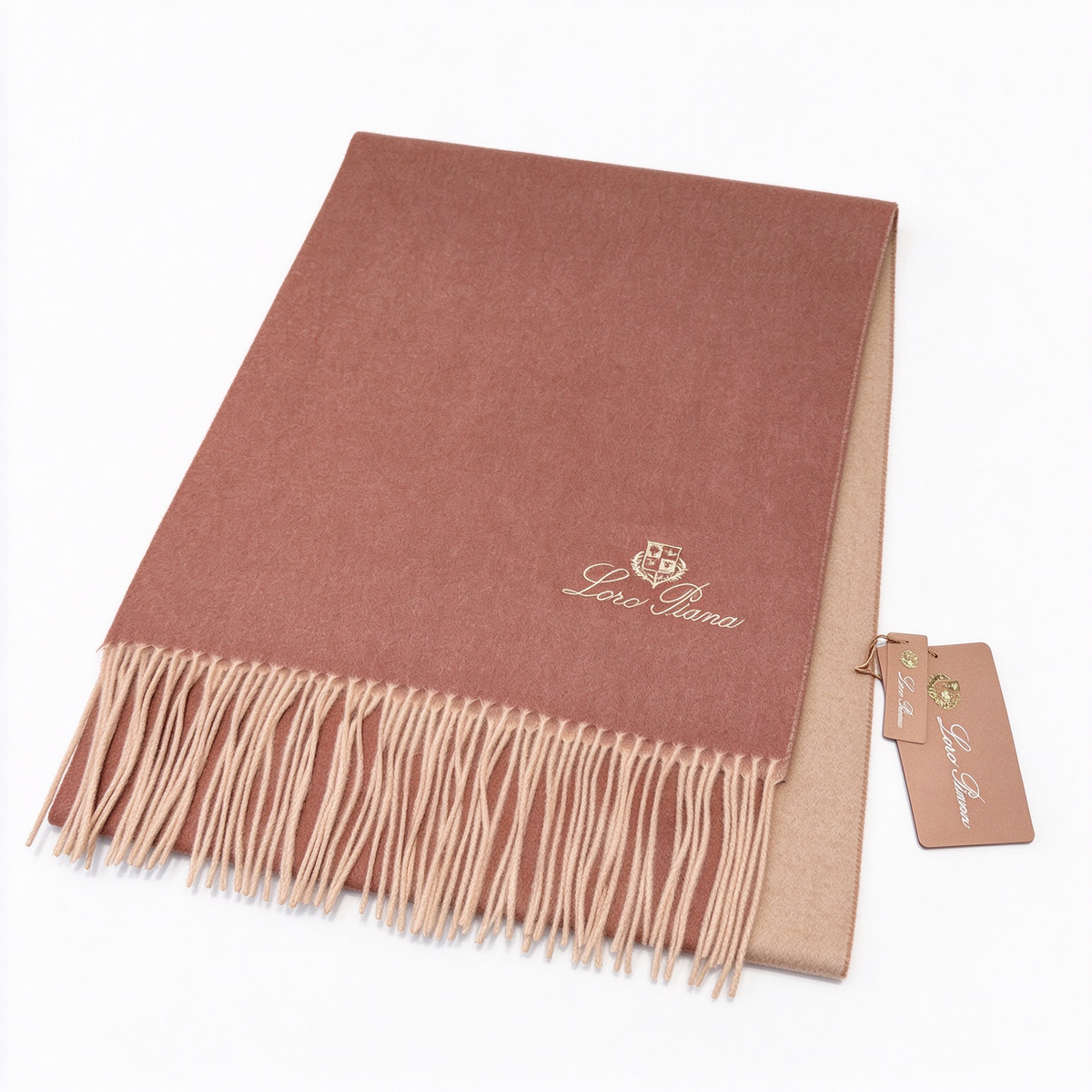Loro PianaCashmere Grande Unita Reversible Scarf Dusty Rose Oatmeal | Gold Embroidered Crest Fringed Luxury Wrap Women's