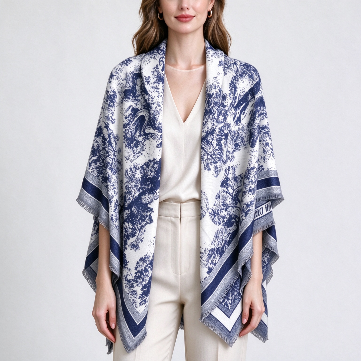 Christian Dior Toile de Jouy Jungle Wool Silk Scarf in Ivory & Navy — Large Fringed Blanket Wrap Shawl |  Luxury Designer Fashion Accessory