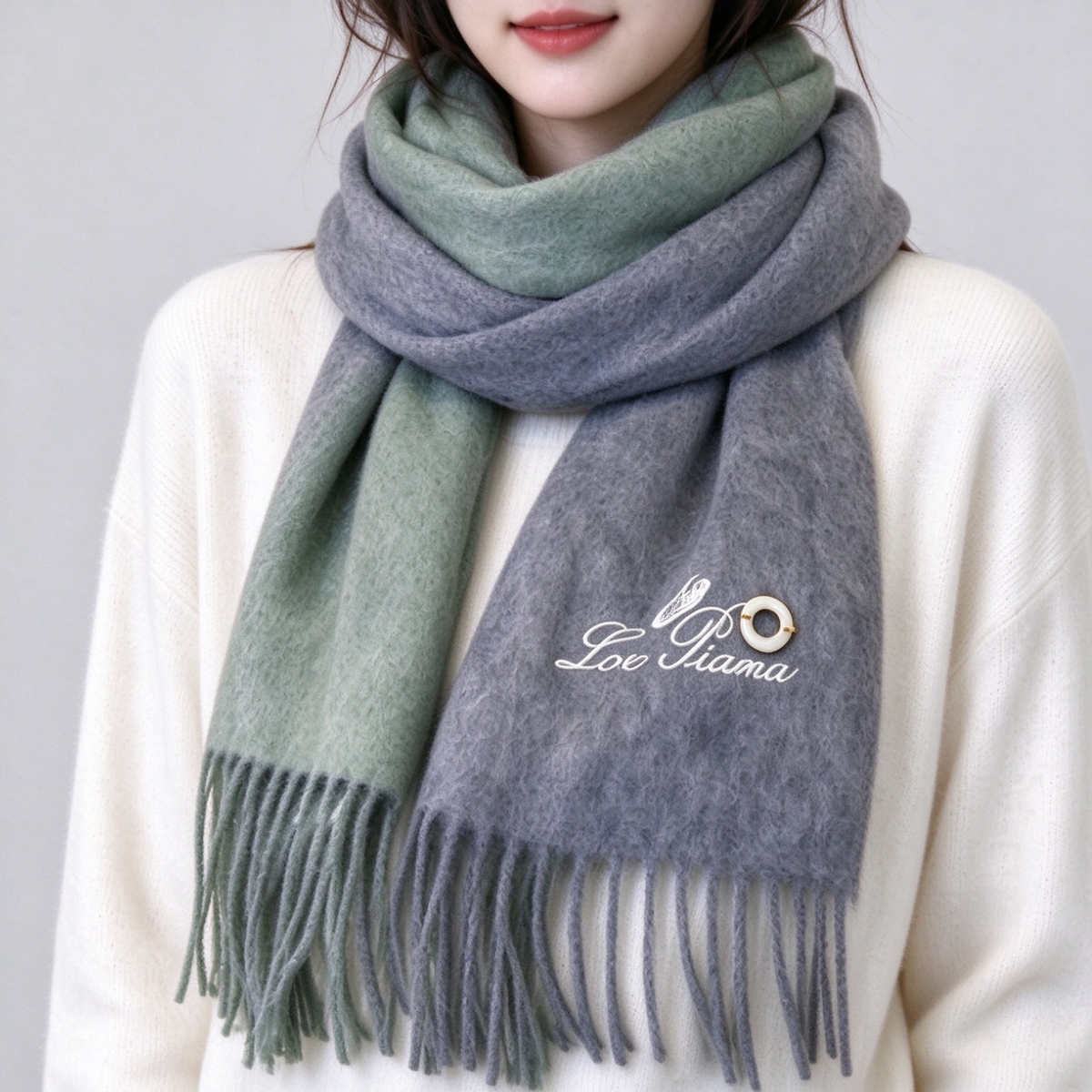 Loro Piana Gifts  Cashmere Scarf | Reversible Luxury Wrap in Steel Grey & Forest Green | Embroidered Crest & Gold Grommet