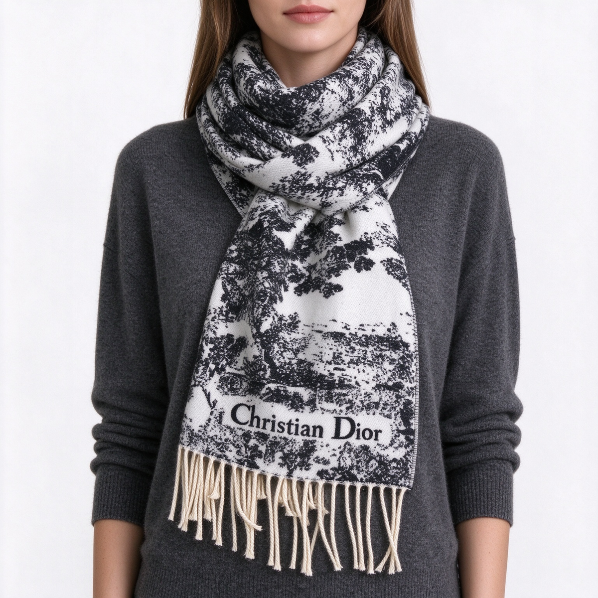 Dior Toile de Jouy Scarf | Black & White Wool Silk Cotton Wrap | Large Square Fringed Stole