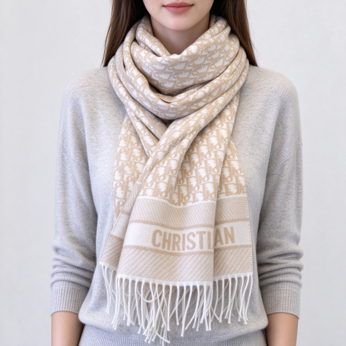 Dior Oblique Jacquard Scarf | Beige & White  Wool Wrap | Embroidered Logo Band & Fringed Stole