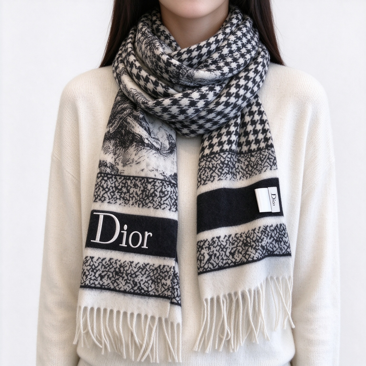 Christian Dior Striped Logo Scarf – Black & White Wool Cashmere Blend with Thick Fringe | Luxury Designer Winter Accessory