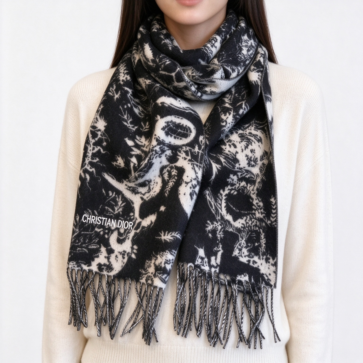 Christian Dior Sauvage Toile de Jouy Scarf – Black & White Cashmere Wool Blend with Fringe & Logo Detail | Luxury Designer Scarf for Women