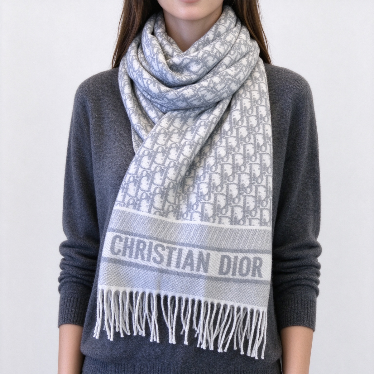 Dior Oblique Jacquard Scarf | Grey & White Wool Wrap | Embroidered Logo Band & Fringed Luxury Stole