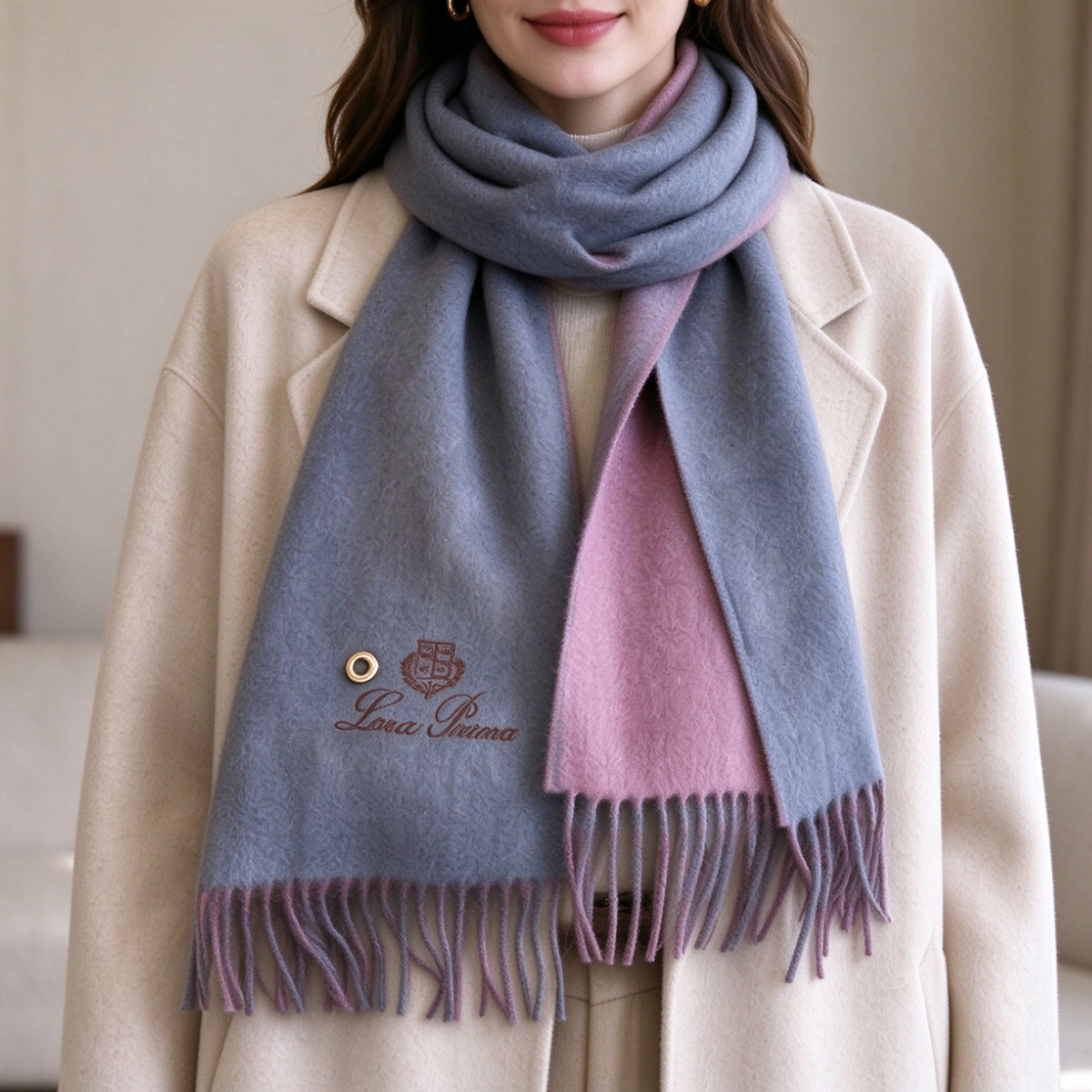 Loro Piana ReversibleCashmere Scarf | Luxury Winter Wrap in Charcoal Grey & Plum Burgundy | Embroidered Crest & Gold Grommet