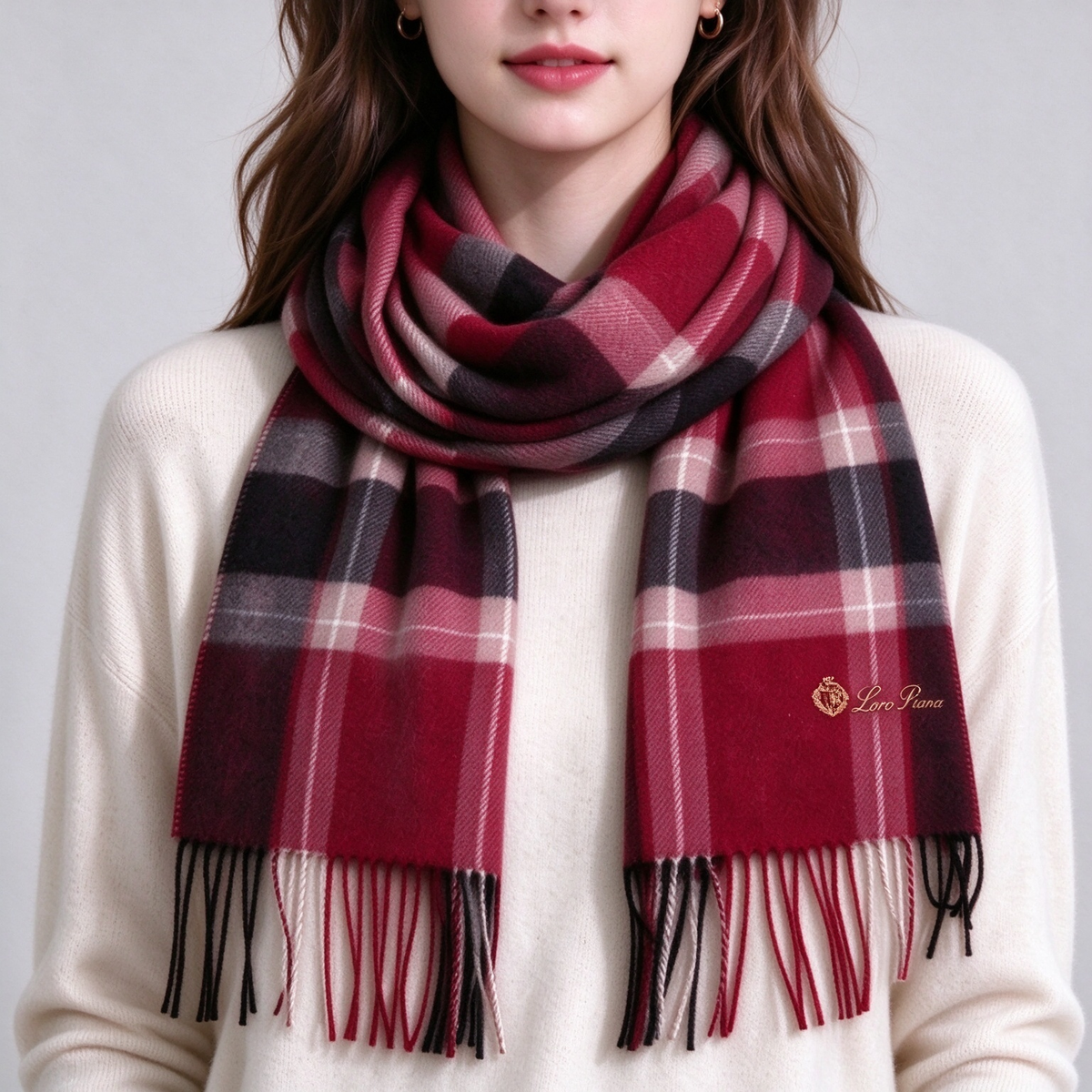 Loro Piana  Cashmere Tartan Plaid Scarf Shawl Burgundy Black Pink Grey | Luxury Embroidered Crest Fringed Wrap Women's & Men's
